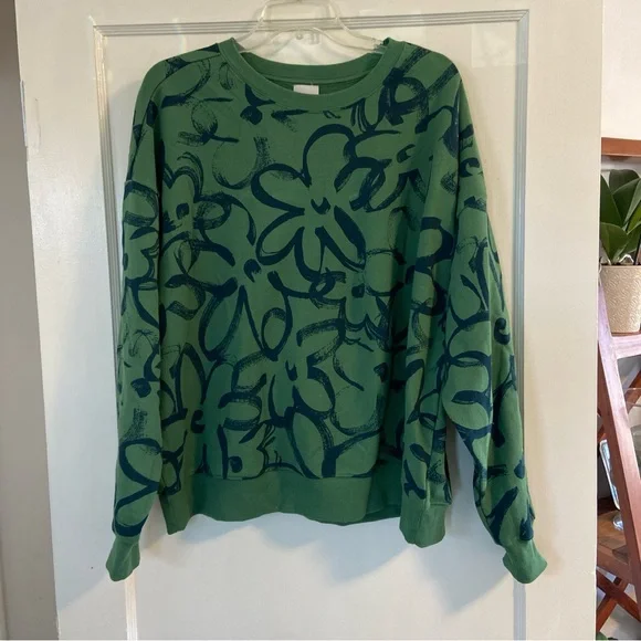Maeve Sketchy Floral Sweatshirt Women’s 1X Green & Blue Allover Printed Crew - Picture 3 of 8
